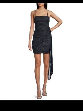 Pear Culture Hoco Glimmer Draped Mini Dress in Black (Charcoal)
